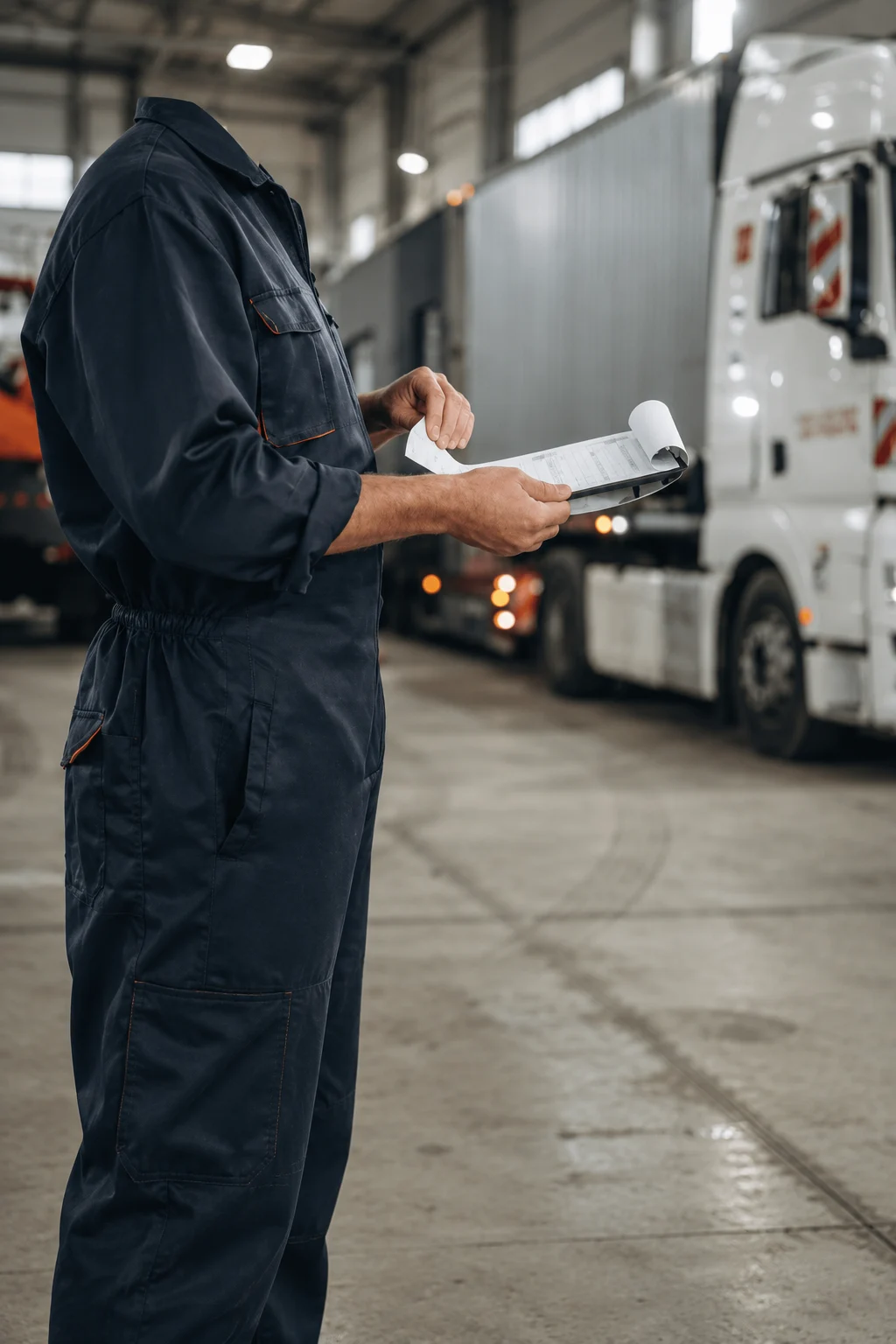 Fleet technician reviewing a checklist beside a truck in the shop